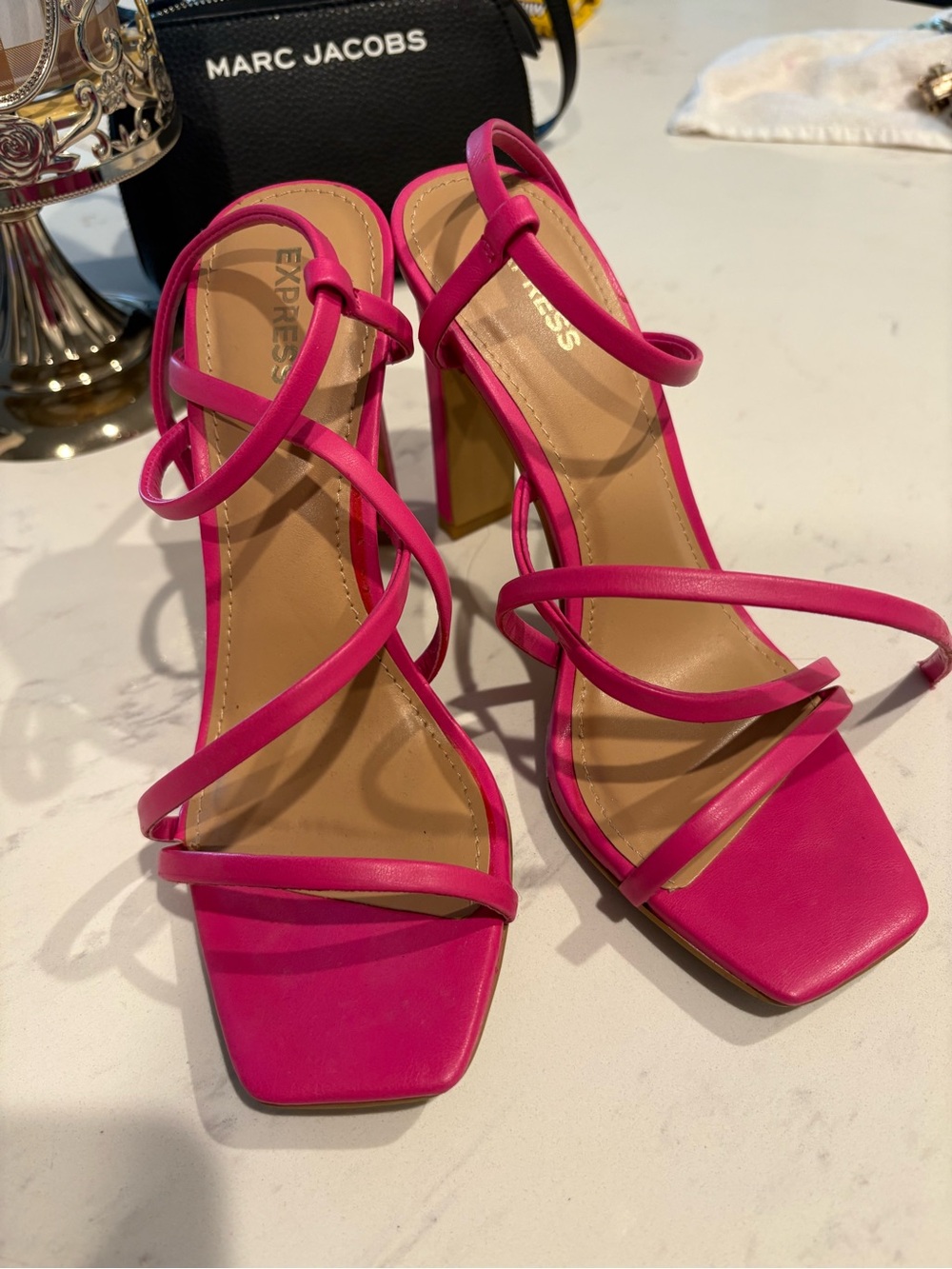 Express Hot Pink Strappy Square-Toe High Heel Sandals